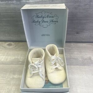 Trimfoot Baby Deer Shoes Infant 2 White Felt Ribbon Tie Vintage 50s Antique NIB